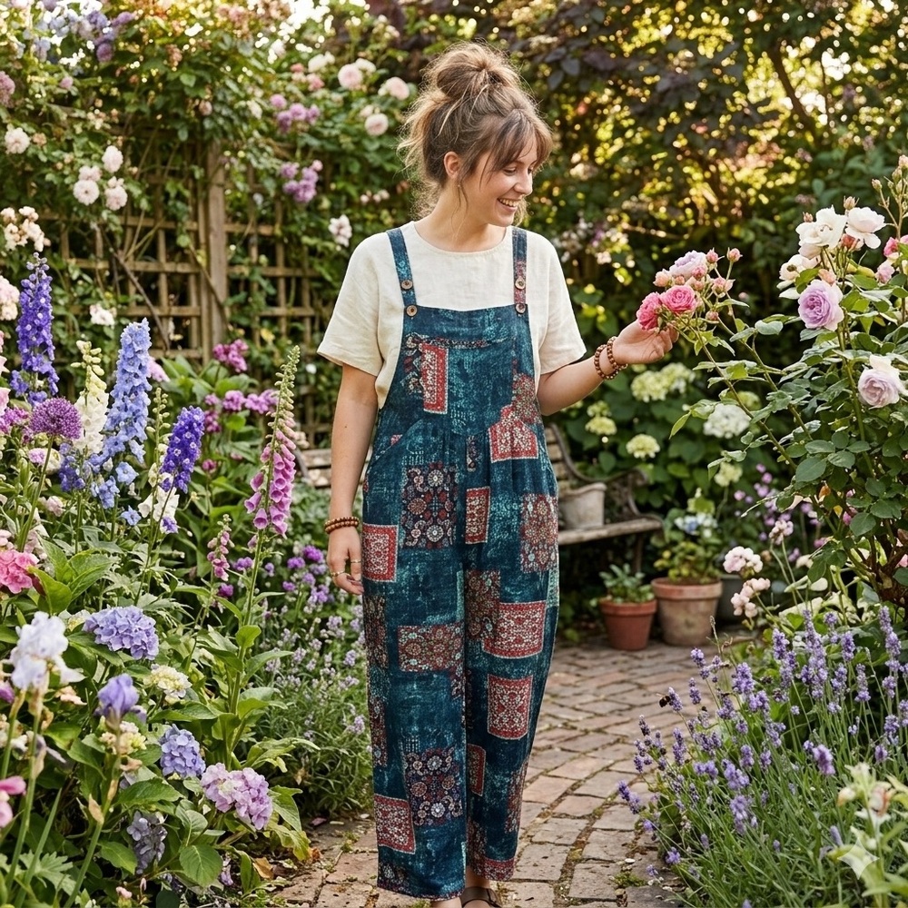 Cotton Blend Boho Patchwork Overalls - image 1